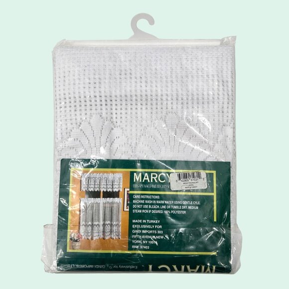 VINTAGE NIP MARCY ELEGANT MACRAME CAFE KITCHEN WHITE CURTAIN SET VALANCE TIERS - Picture 2 of 3